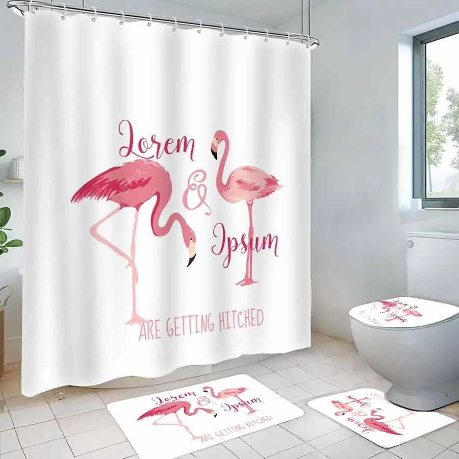 Flamingo Pattern Bathroom Accessories, 4 Counts/set Including Shower Curtain & Toilet U-shape Mat & Rectangular Mat & Toilet Lid Cover, Bathroom Decor Supplies