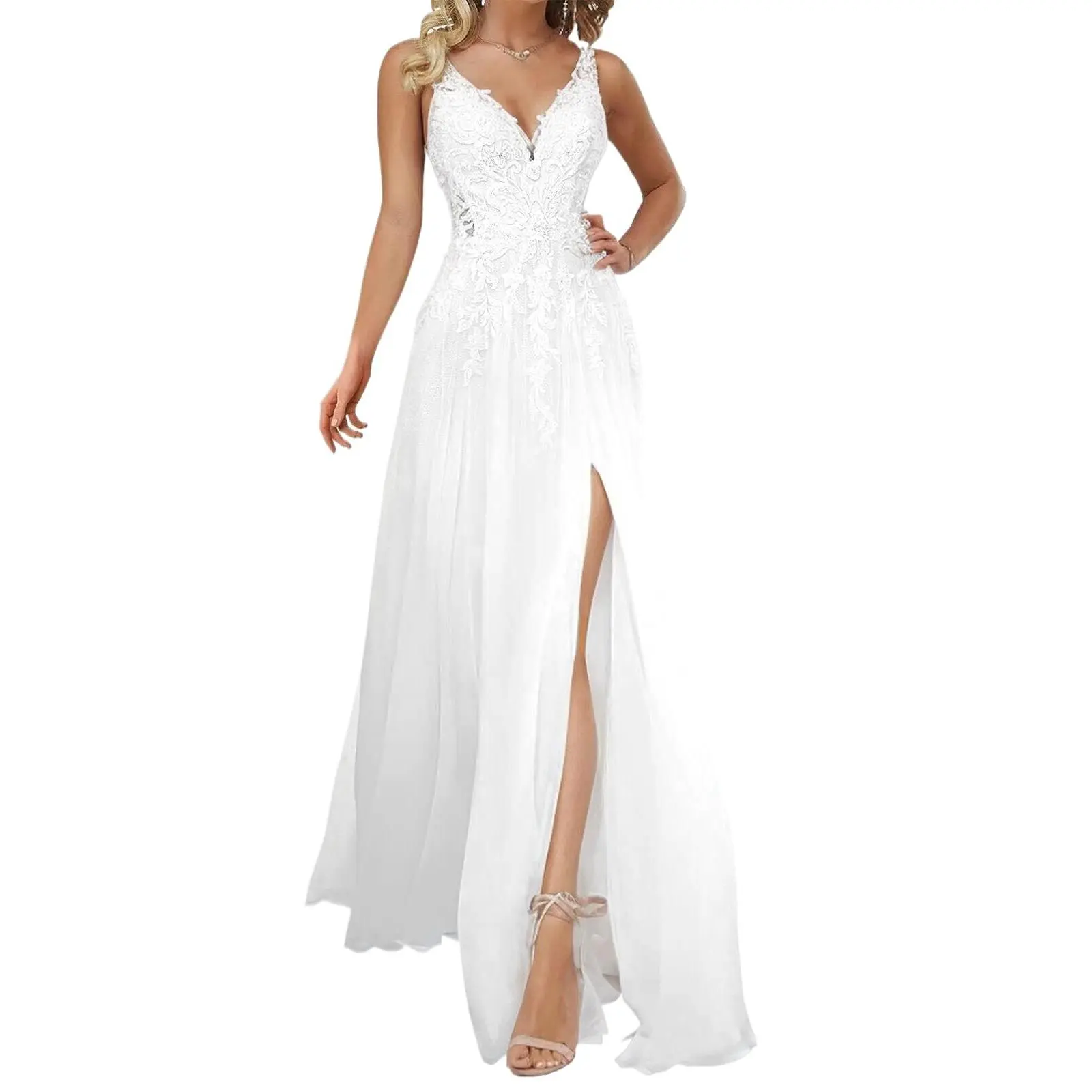 RRYNUMAOL V Neck Wedding Dress for Women 2024 Beach Bride Dresses Wedding Dress Chiffon Wedding Gowns for Bride White Size 16