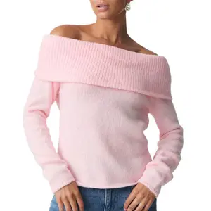 Women's Off Shoulder Crop Sweater Solid Color Boat Neck Long Sleeve Loose Knitwear Pullover Womenswear Polyester Knitting Top Can be used with raincoat