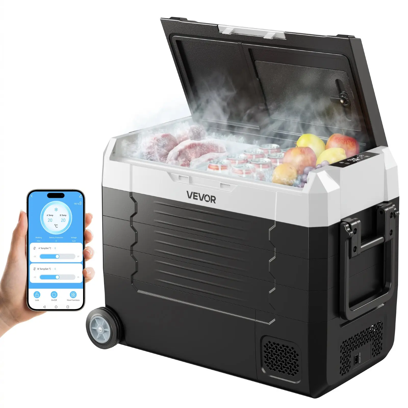 VEVOR 48 QT Wheeled Rolling Ice Car Cooler Freezer with Handle & Wheels, DC 12/24V & AC 100-240V Compressor Electric, -4°F to 68°F Dual Zone, APP Control for RV Camping, Outdoor Camping Equipment, Wheeled Cooler
