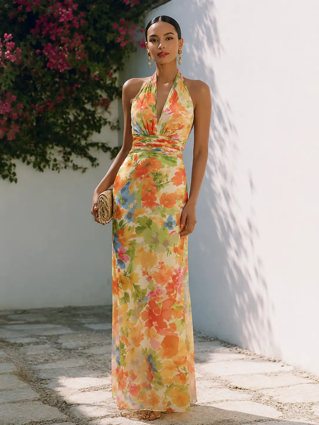 FEHAUTE Women's Formal Floral Chiffon Maxi Dress - Halter Neck, Open Back, S-Type Cut, Floor Length, Sleeveless Sheath with Bow, Romantic Look for Garden Parties, Formal Dresses for Women, Wedding Guest Dresses