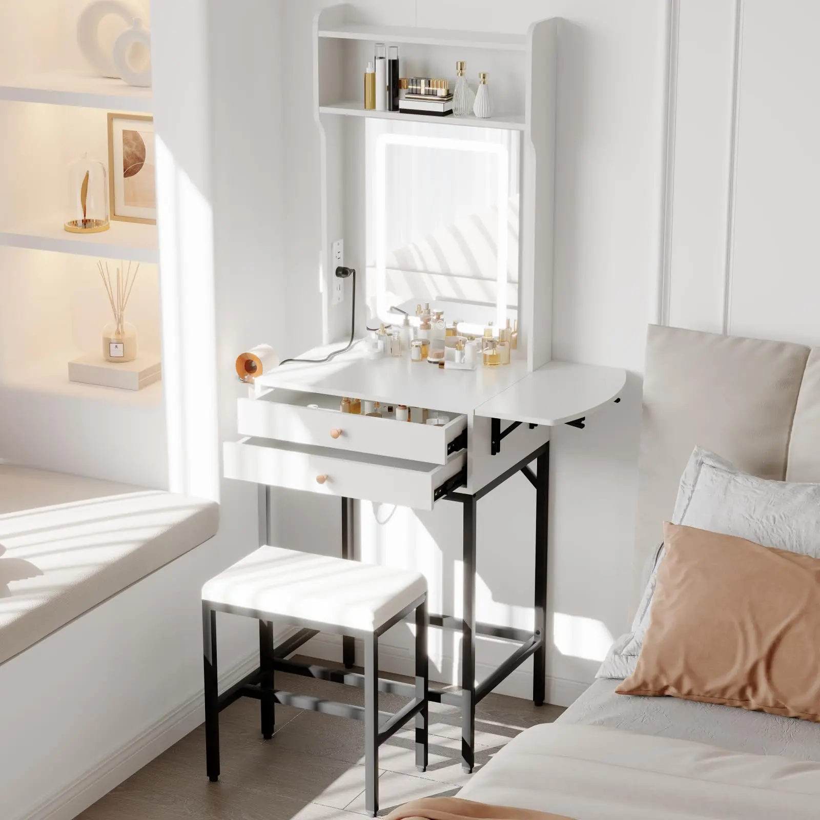Mini Vanity Desk with Lighted Mirror, Space-Saving Makeup Table with 2 Drawers and Fold-Up Design for Small Bedrooms