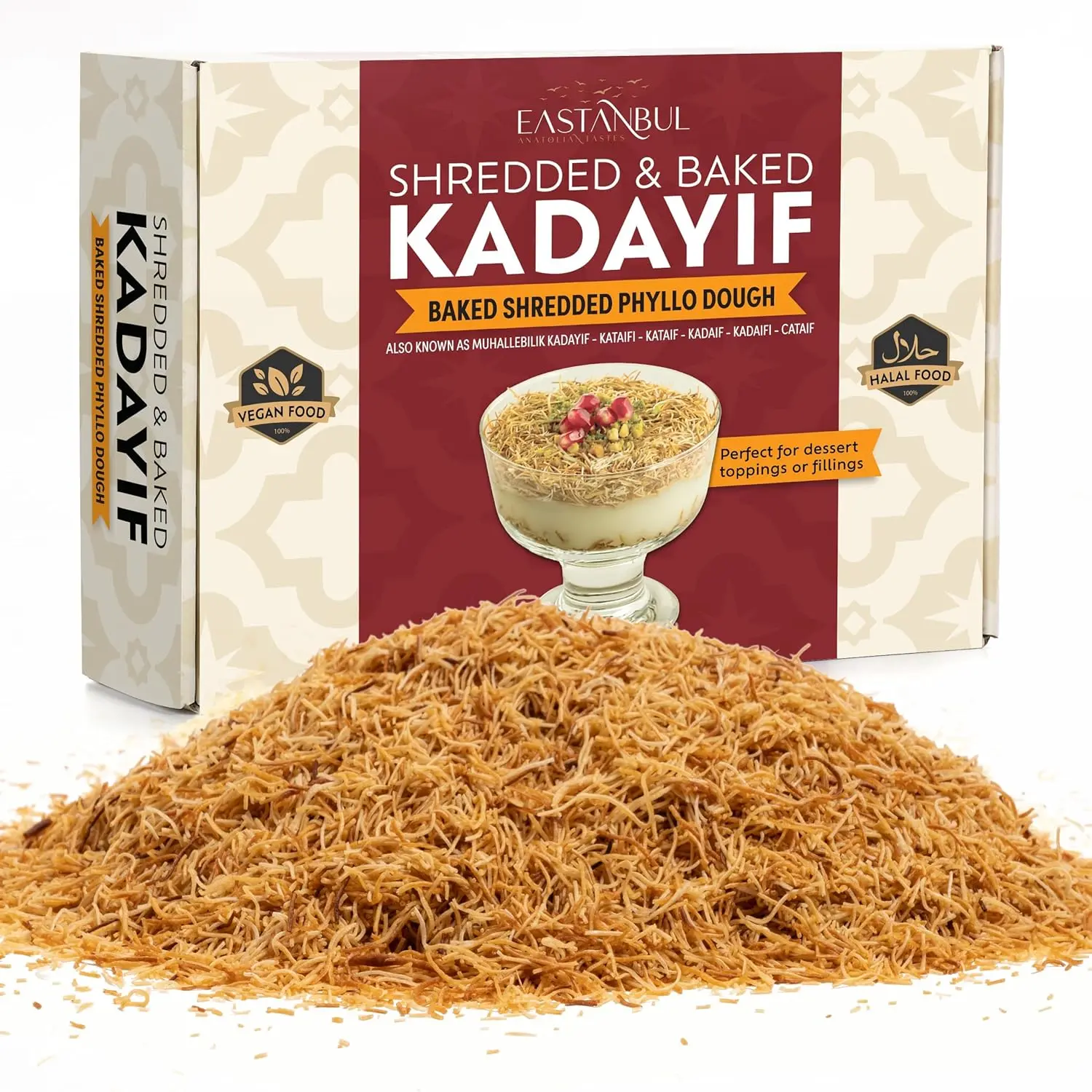 Eastanbul Baked Kataifi Shredded Fillo Dough, Kadayif, Toasted Katafi,8.8oz | Dubai Chocolate Ingredient, Kunafa Dough, Knafeh, Toasted Katifi, Baked Kadaif Pastry, Dubai Kataifi, Kosher by Star-K, Halal