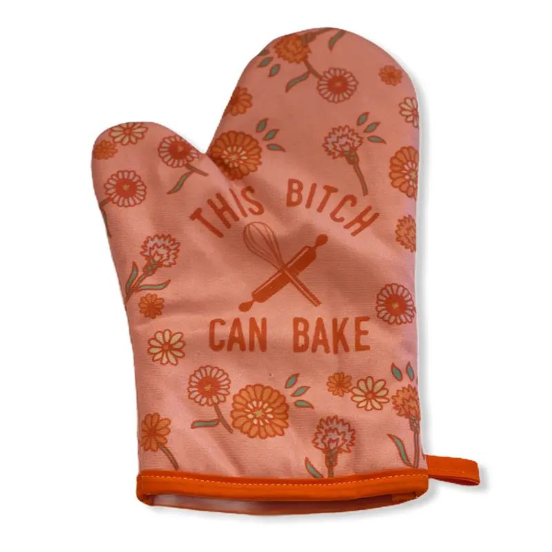CRAZY DOG T-SHIRTS Funny "This Bitch Can Bake" Graphic Orange Oven Mitt - Glove-Shaped Oven Mitts, Kitchenware, Novelty Cooking Baking Accessory