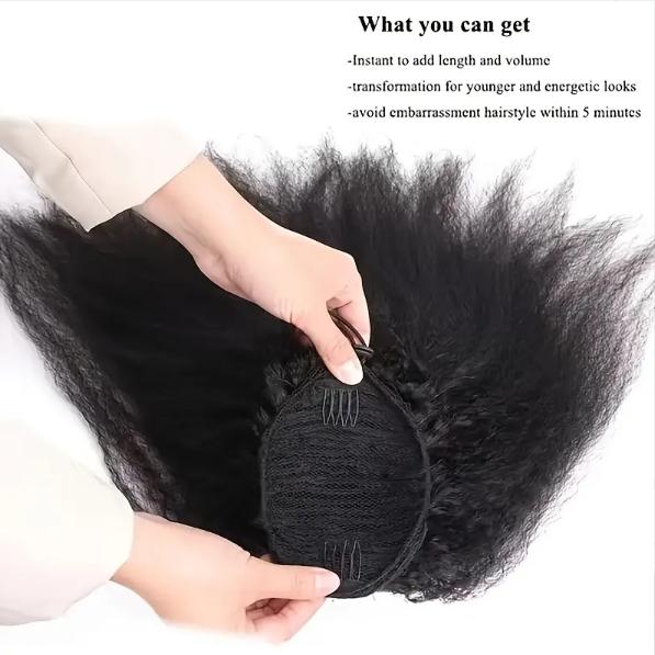 Chic Yaki Straight 100% Human Hair Ponytail Extension, Clip & Drawstring Secure Fit, 1B Natural Color, 10-20 Inch 100g, Versatile Natural Style for All Women