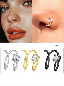 Unisex S-Shaped Cz Nose Rings, Nose Piercing Jewelry, 20g Stainless Steel, Silver Color &, Party Style, Plain Pattern, All Season Wear