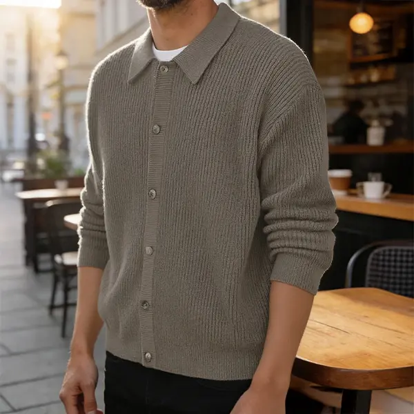 Men's Khaki Argyle Pattern Fitted Cardigan Jacket - Button Closure, Soft Knit Fabric, Everyday Casual Sweater, Perfect for Layering & Minimalist Styling