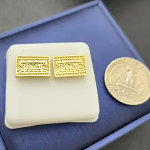 MaxBling81 AAA+ Brass Unisex Studs Earrings - Religious Last Supper Hip Hop Style, Iced Gold Metal Coated, High-Quality for Daily Casual or Elegant Wear