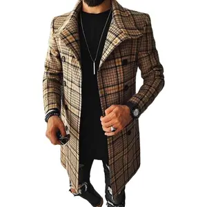 Men's Casual Trench Coat Fashion Plaid Splicing Single Breasted Mid Length Peacoat Fall Winter Warm Jacket Outwear
