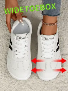 Wide Toe Retro Trainer Shoes, Comfortable and Lightweight, Casual Daily Wear, PU Leather, Rubber Sole, Low Top, Wide Width