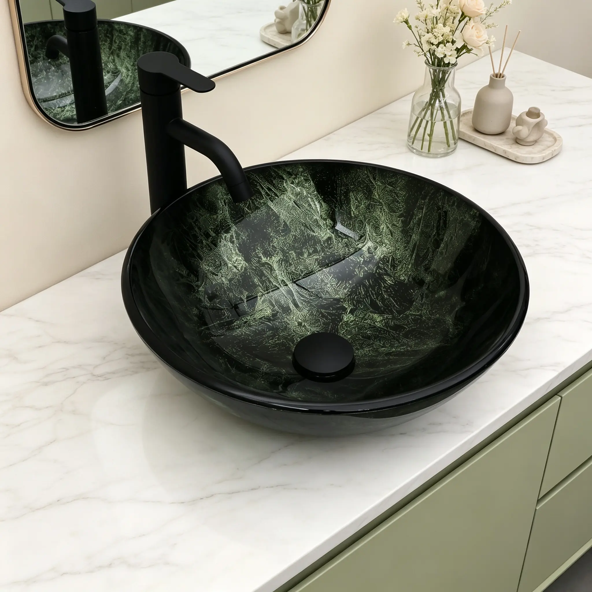 Logmey 16.5" Round Tempered Glass Vessel Sink Combo, Dark Green Forest Pattern Above Counter Bathroom Sink with Matte Black Faucet & Pop-Up Drain