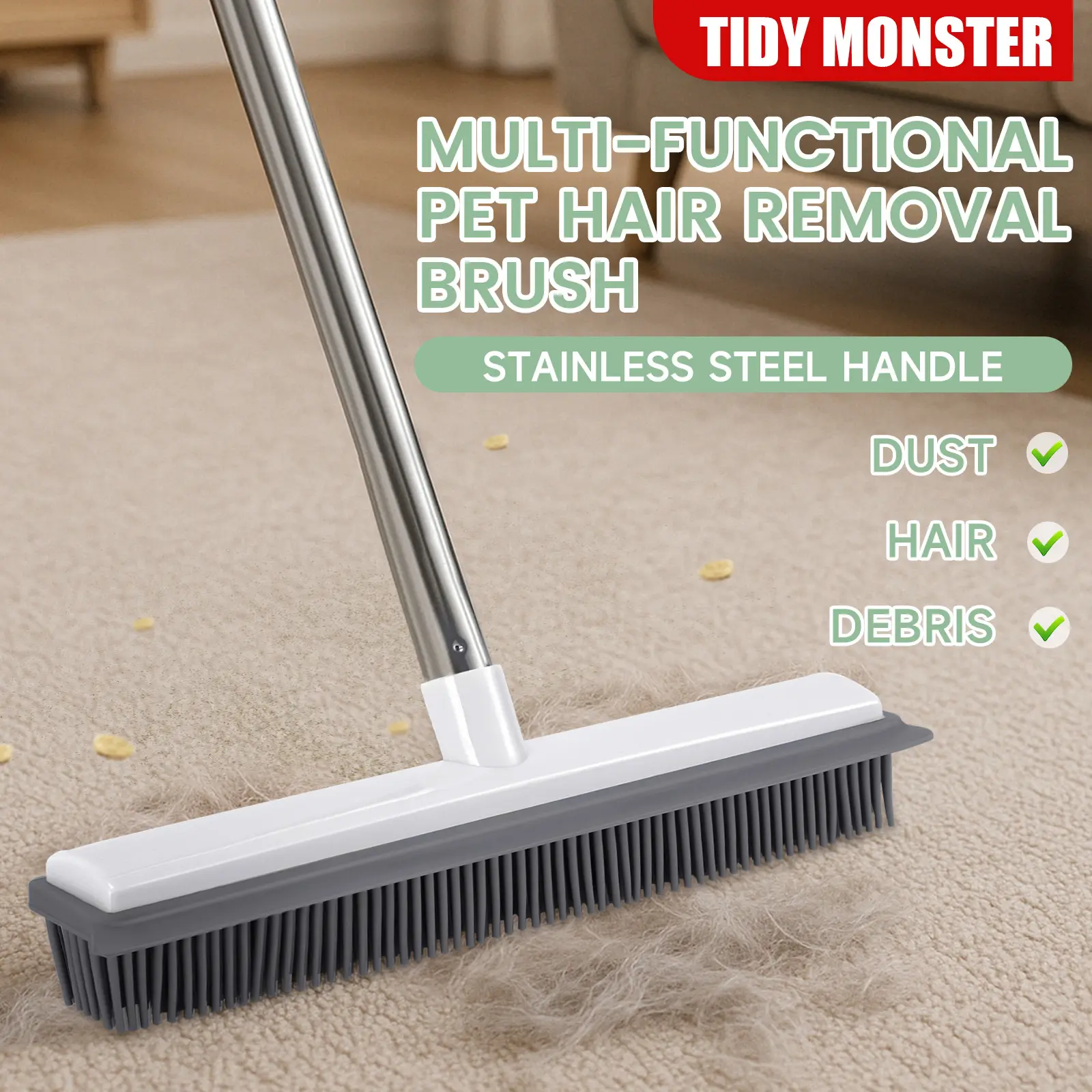 Rubber Broom Pet Hair Remover Hair Removal Broom Silicone for Floor Cleaning Tile Windows Carpet Squeegee with Stainless steel Handle “Outdoorfun”