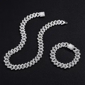 12MM White Gold Solid Miami Cuban Link Chain For Men Ice CZ Out Necklace Bracelet Set