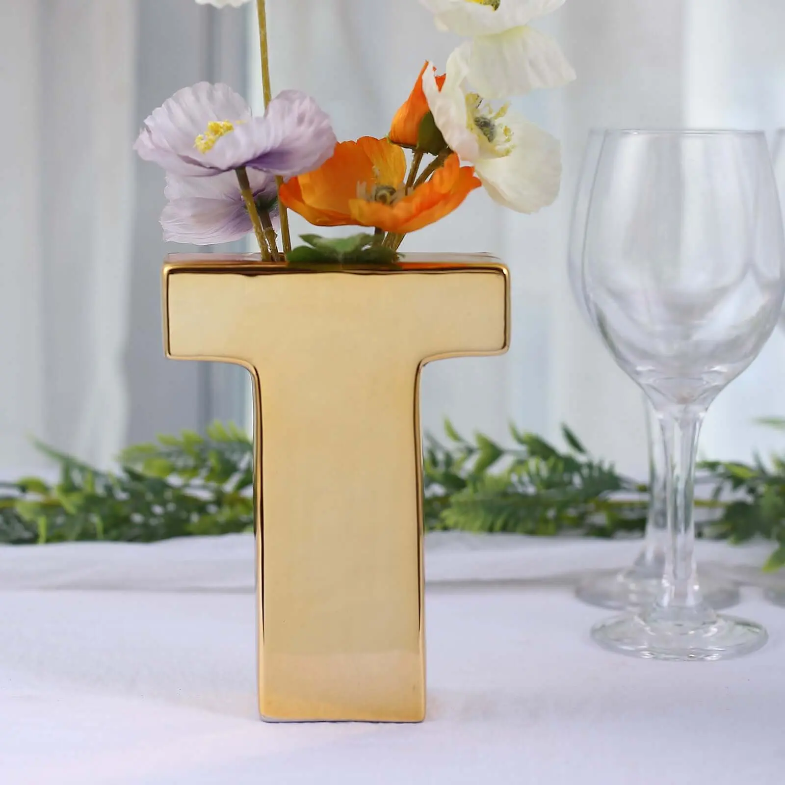 6" Shiny Gold Plated Ceramic Letter "T" Vase - Artisan Modern Home Decoration, Stylish Bud Planter, Dining Table Centerpiece, Flower Arrangement Vase