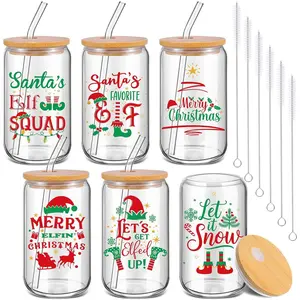 6 count Christmas Glass Cups with   and Glass Straws, 16 oz  Drinking Glasses Set,  Holiday Iced Coffee  Glasses Cups for Xmas Winter Cocoa Bar Hot  Gifts()