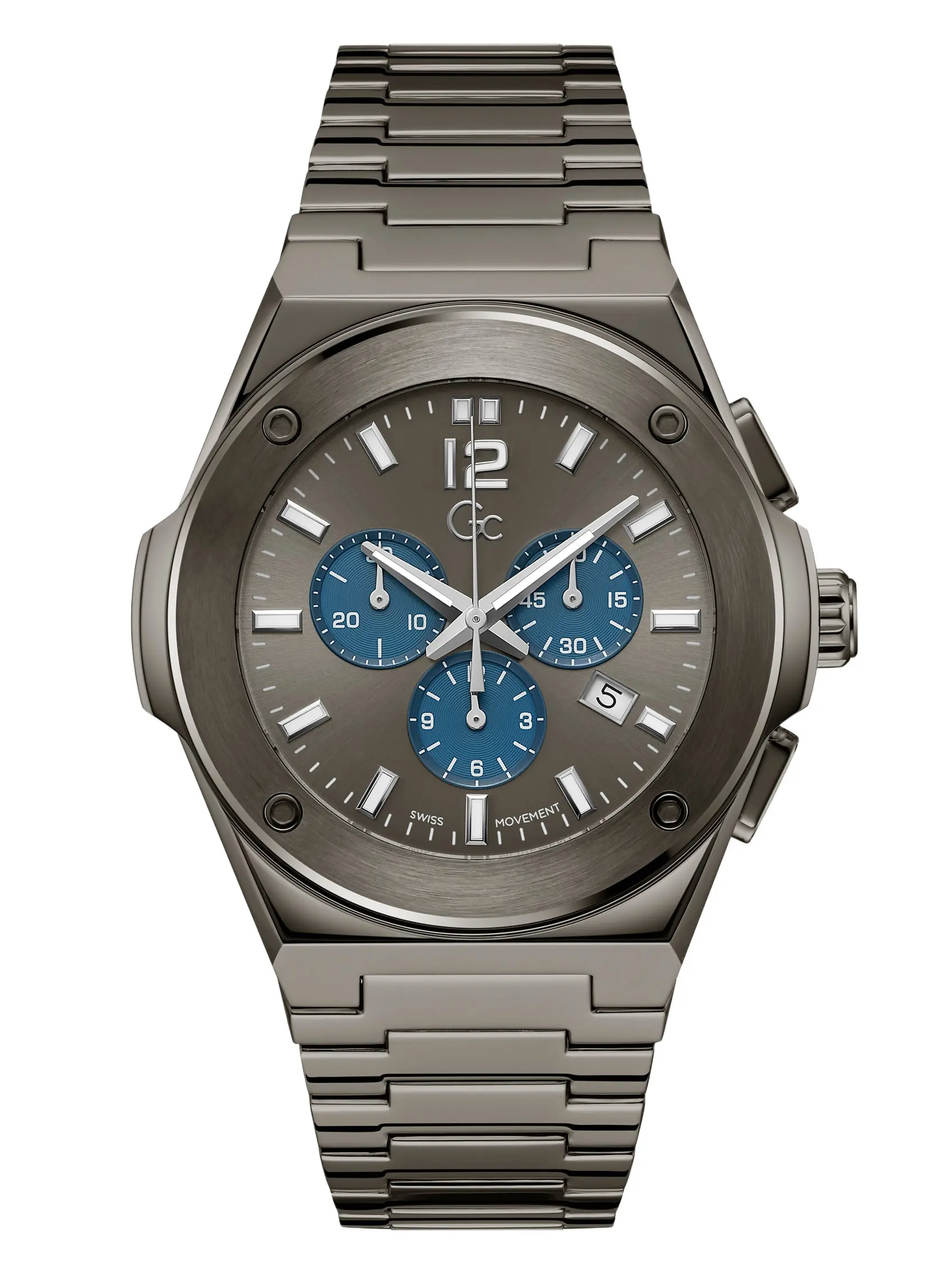 GUESS Male Gc Dark Silver-Tone and Blue Multifunction Watch