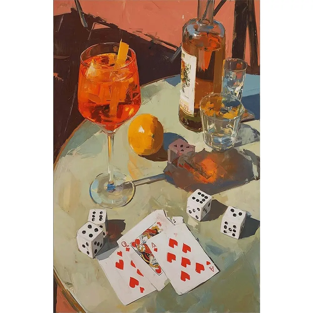 1PC 5D diamond painting 2D flat printing Diamond Painting Kit Cocktail Still Life with Wine Glass Dice Playing Cards DIY Rhinestone Embroidery Art Craft Home Decor Gift for Adults Beginners 5D Mosaic