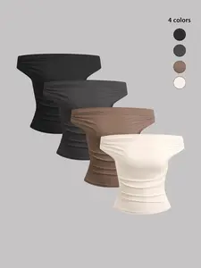 Women's Fashionable Casual Set of 4 Off-Shoulder Tops, Slim Fit Ruffled Design for Versatile Styling, Perfect for Everyday Wear