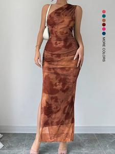 women's tie dye print one shoulder dress, elegant sleeveless evening party gown, ladies summer clothes, formal elegant dress