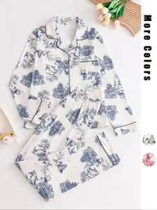 Two-Piece Set Women's All Over Print Button Front Pocket Lapel Shirt & Elastic Waist Pants Pyjama, Casual Comfy Long Sleeve Top & Trousers PJ Set, Women's Sleepwear for Spring & Fall