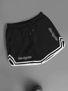 Men's "Los Angeles" Varsity Shorts - Retro Script Print Black Shorts, West Coast Streetwear with Striped Hem, Soft Cotton Blend Drawstring Waist Athletic Shorts, Perfect for Street Style, Beach Days and Summer Wear, Durable Fade Resistant Print