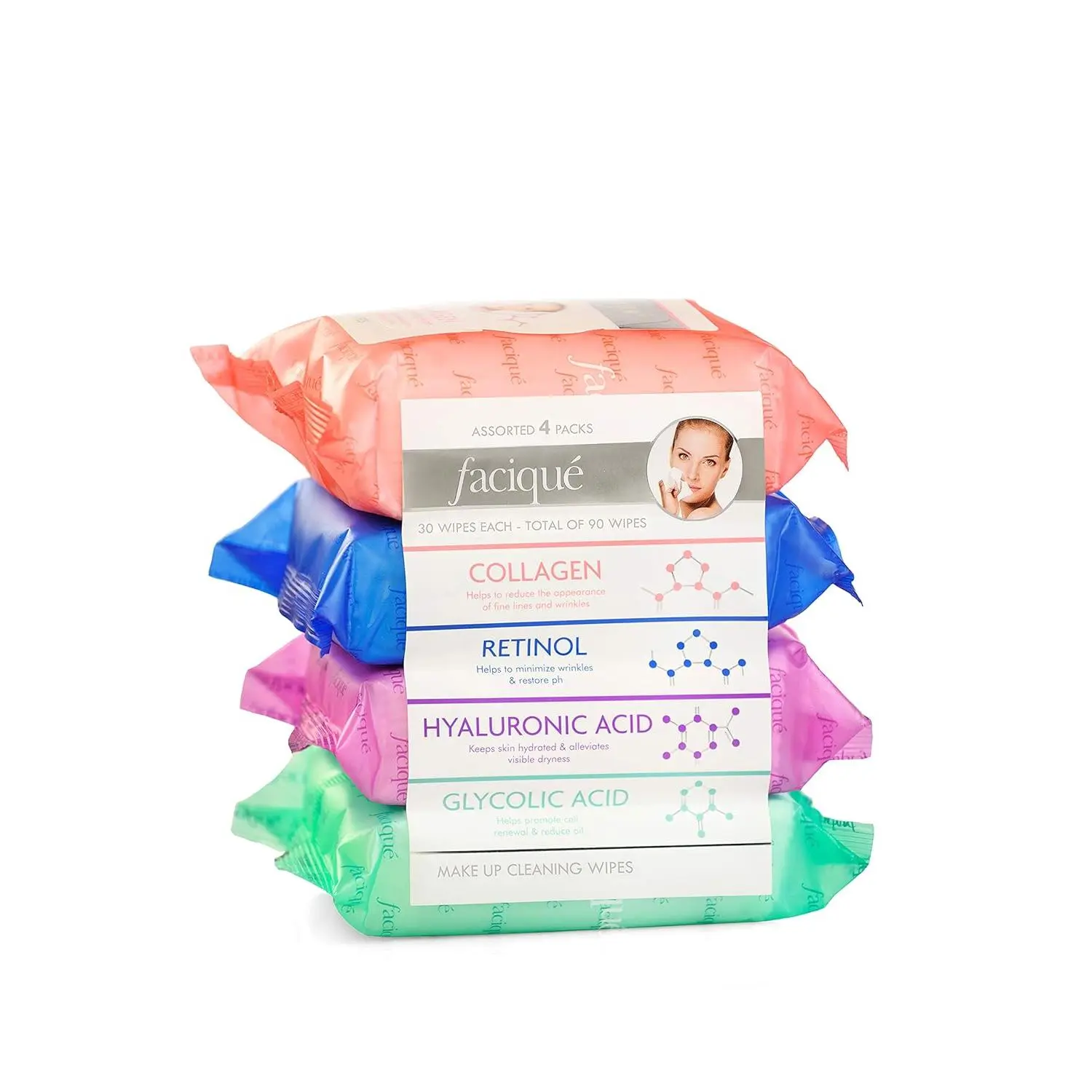 Faciqué  Assorted Makeup Cleansing Wipes- Collagen/Retinol/Hyaluronic Acid/Glycolic Acid