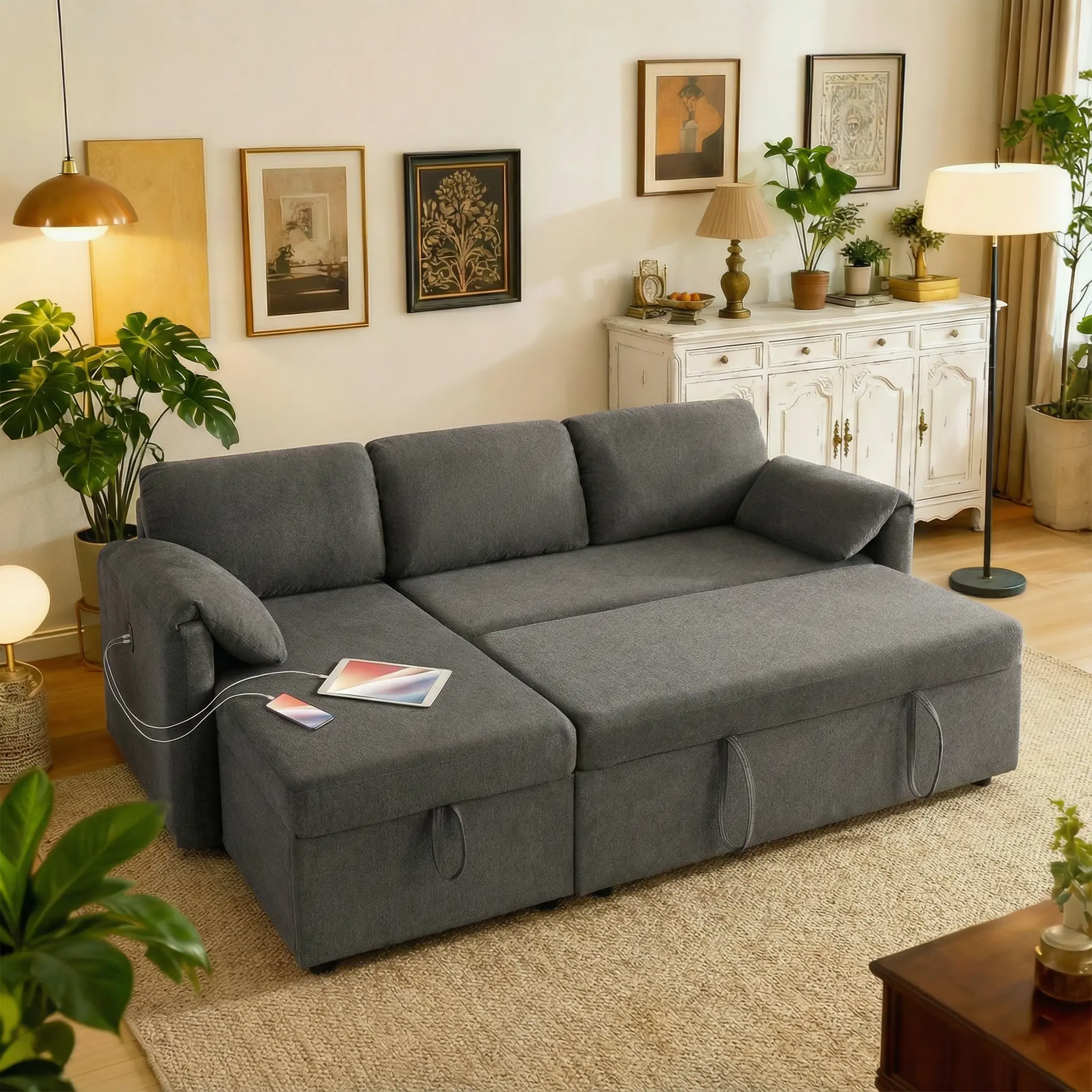 Tbfit 83-in Egyptian Velvet 3-in-1 Convertible Futon Sofa Bed - Floor Sofa Sleeper, Folding Mattress Couch, Queen Size Mattress, Space Saver, Storage Chaise, Built-in USB Ports, Dark Gray (1-3 People Capacity)