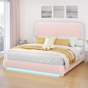 Sibeds Queen Size  Bedframe with 2 Drawers, Teddy Fleece Upholstered Platform with Rounded Corners and Headboard, Modern Style, Noise-Free, No Box Spring Needed, Easy Assembly, Cream/Pink