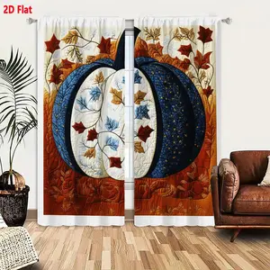 2D Flat 2 Piece Quilted Curtain Set, Fall Themed Pumpkin Autumn Leaves Design, Blue White Pumpkin with Orange Brown Earthy Background, Decorative Textured Quilted Window Curtains for Living Room Bedroom