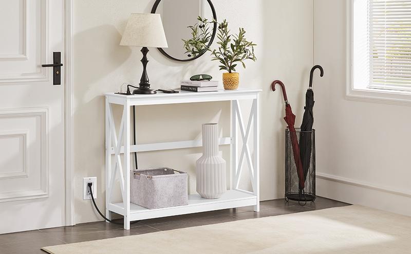 Yaheetech Console Table 2-Tier Sofa Table with Power Outlets & USB Ports, 32'' Height, Textured Solid Color, Assembly Required, Charging Station
