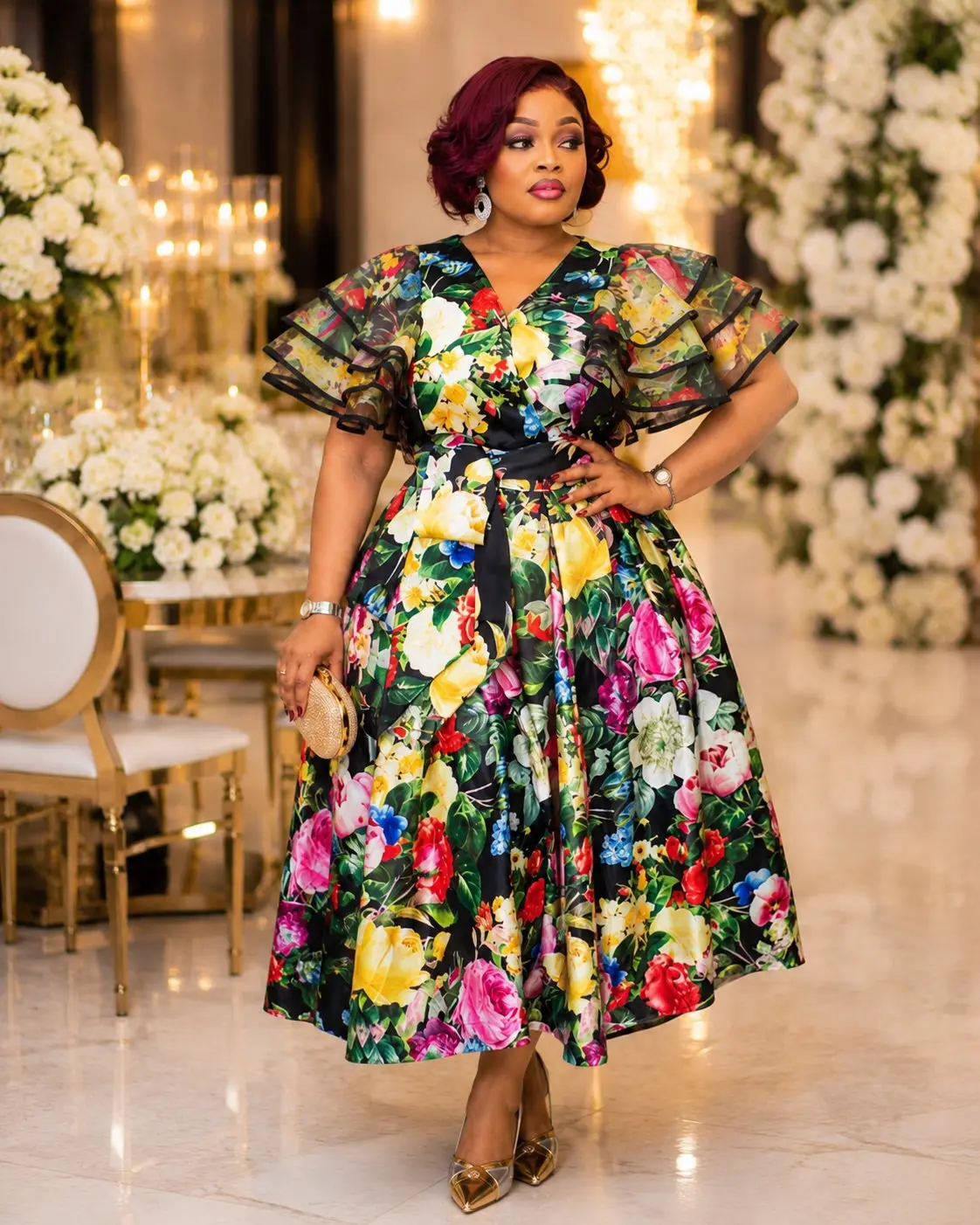Yellow Floral Ruffle Sleeve Twirl Flare Skater Midi Dress - Wedding Guest Graduation Church Anniversary Birthday Cocktail Tea Party Outfit