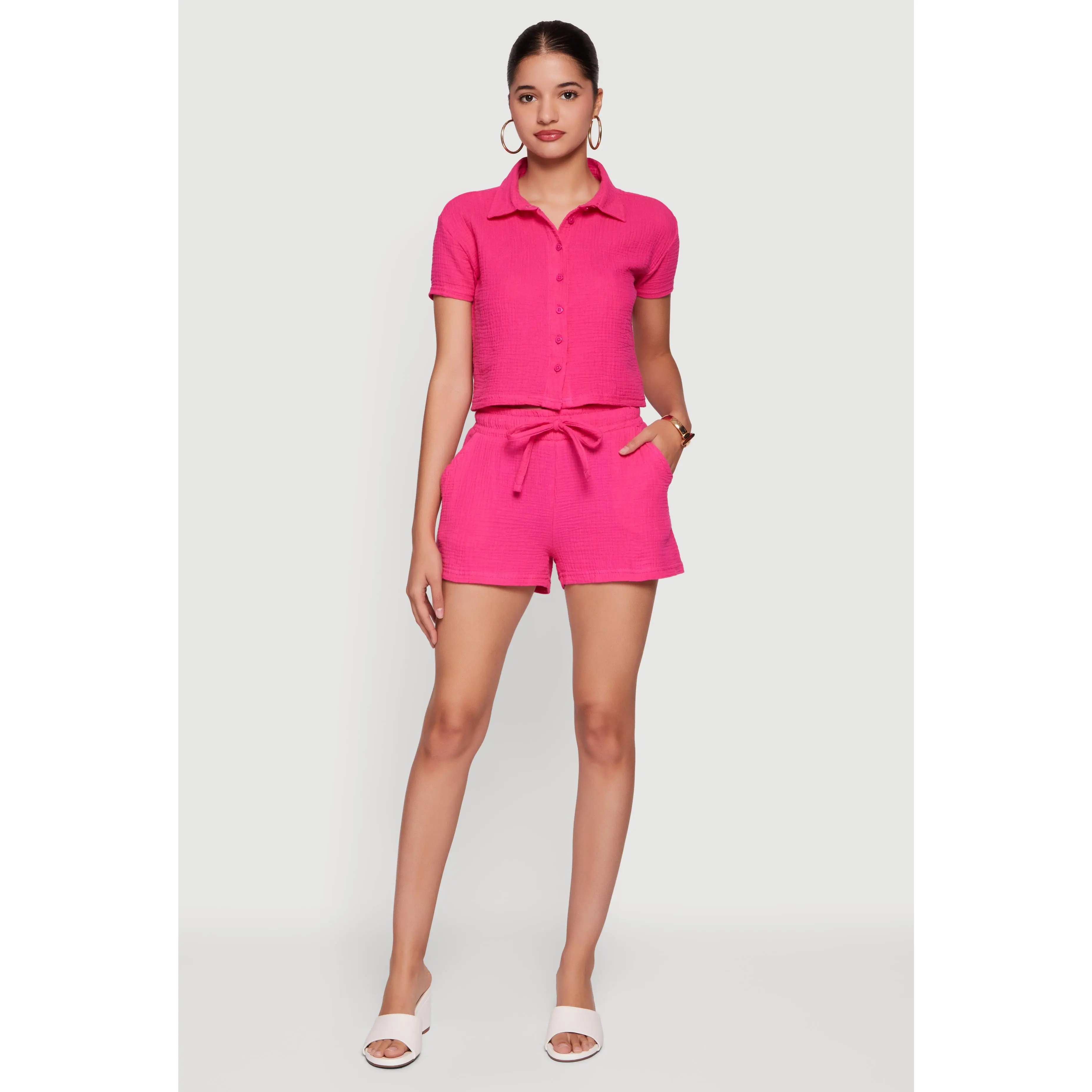 Gauze Knit Short Sleeve Button Front Shirt and Shorts