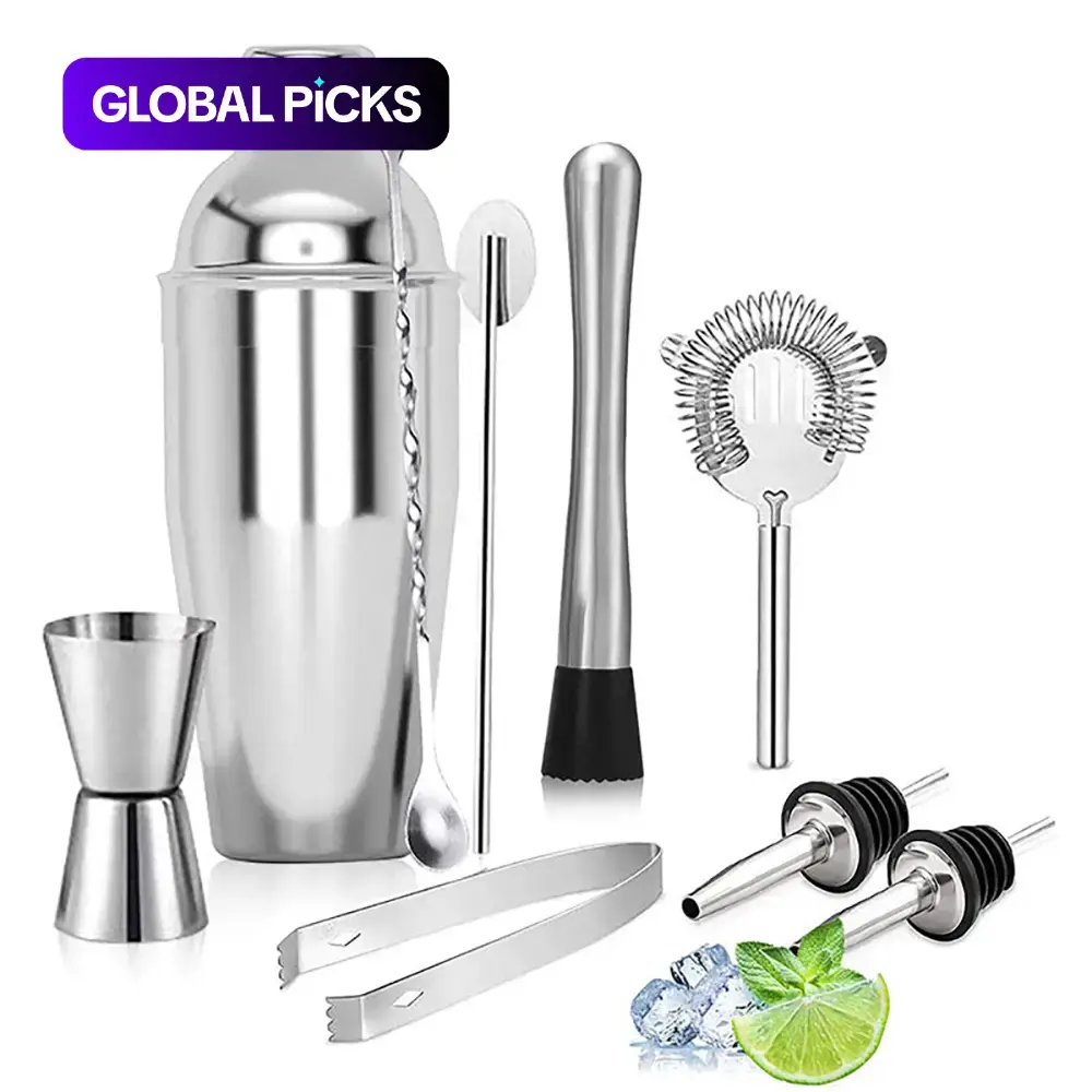 Stainless Steel Bar Utensils Set, 5/6/9 Counts Including Shaker Cup & Mixing Stick & Spoon & Clip & Other Accessories, Bar Utensils for Home Party, Bar Tools