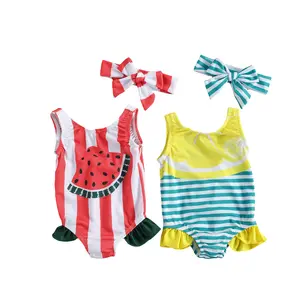 Baby Girl Swimsuit Infant Bathing Suit Sleeveless Fruit/Stripe Print U-shaped Neck Ruffle  Swimwear with Bowknot Headband 2 Pcs Beach Wear Sets