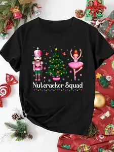 100% Cotton Women T-shirt Women Christmas T-shirt Christmas Nutcracker Squad Ballet Dance Women Kids Girls T-Shirt Print Round Neck Short Sleeve T-Shirt For Women Casual, Summer, Women Top