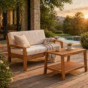 2-Piece Outdoor Teak Acacia Wood Conversation Set (Seats 2), Patio Furniture with Loveseat and Beige Water-Resistant Cushioned Coffee Table, 350lbs Capacity for Patio, Backyard, Seats Two