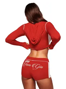 2026 Trendy Letter Printed Zip Up Hoodie Drawstring Shorts Set Women 2 Piece Tracksuit Women Letter Print Zip Hoodie Coat Drawstring Shorts Casual Sports Two Piece Outfit 2026 New Letter Printed Zip Up Hoodie Matching Drawstring Shorts Set