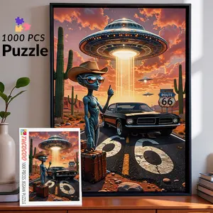 Route 66 UFO Desert 1000 Pieces Jigsaw Puzzle for Adults, alien cowboy roadside art, family game for stress relief, relaxing brain challenge, vintage car wall decor, fun gift for adults and seniors 27.5x20inch(70x50cm)