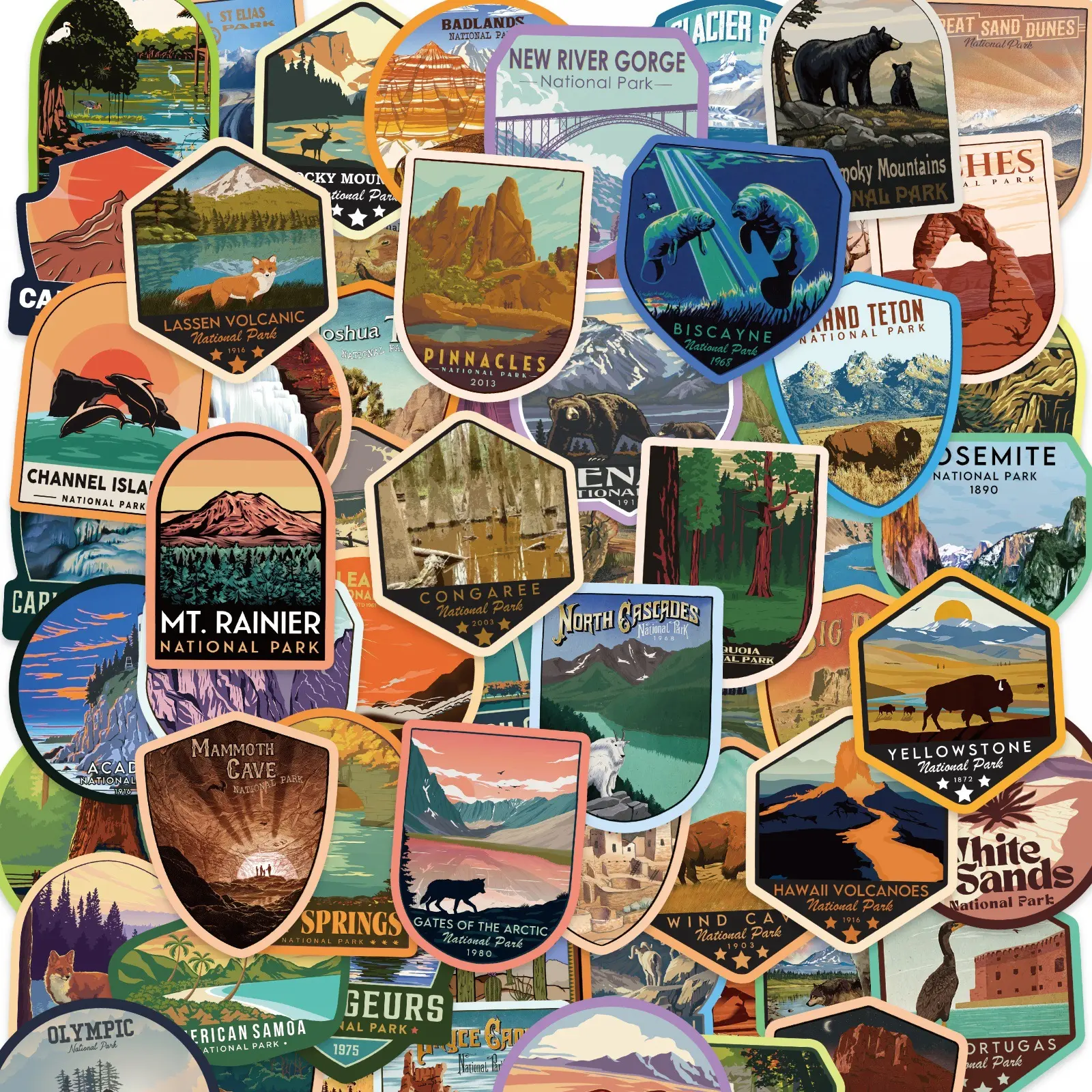 63PCS National Park Stickers Set USA, Outdoor Nature Adventure Vinyl Decals Waterproof & Weatherproof, Hiking Camping Travel Inspired Stickers for Water Bottles Laptop Car Phone Scrapbook
