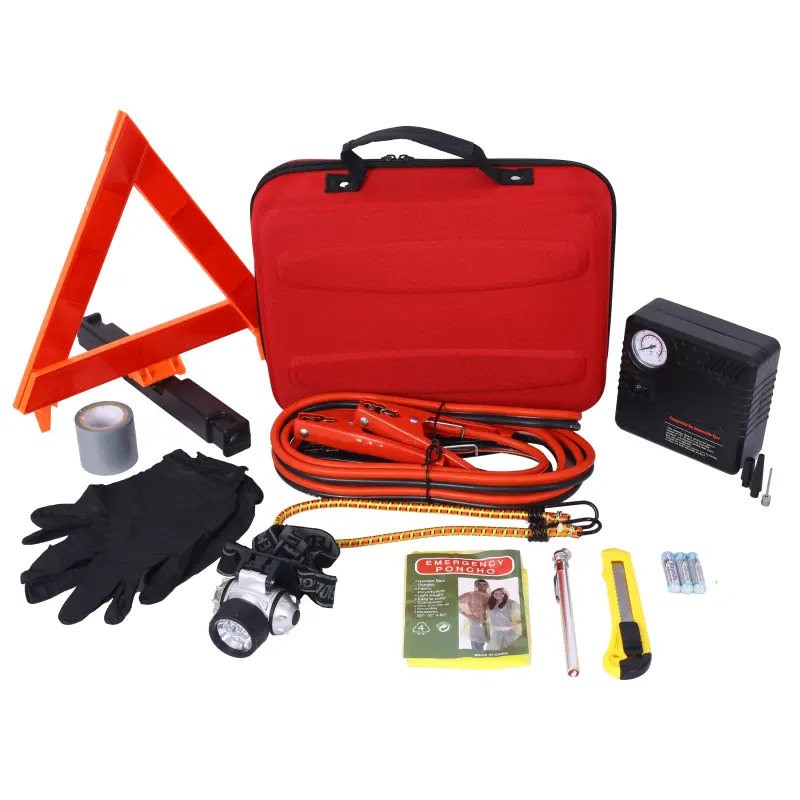 Automotive emergency safety tool bag, including portable air compressor, jumper cable, first aid kit, tire pressure gauge, essential tools for roadside rescue of automotive vehicles, suitable for women, men, and teenagers