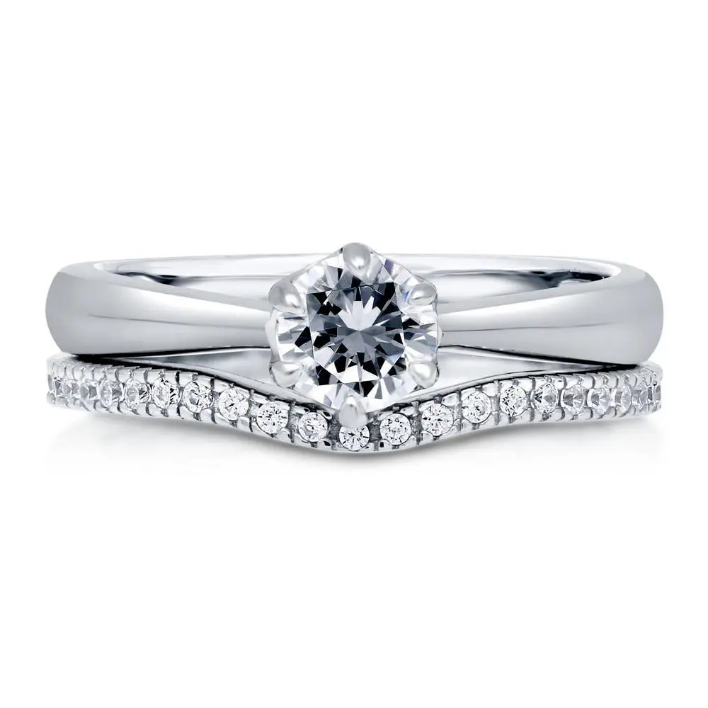 BERRICLE Sterling Silver Solitaire Wishbone Engagement Promise Rings Stackable Band for Her, 0.45 Carat Round Cut Cubic Zirconia CZ Ring Set