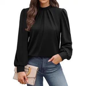 Ladies' Feminine Mock Neck Pleated Blouses - Breathable Short Puff Sleeve/Longsleeves Styles, Loose/Fitted Cardigans-Inspired Shirts, Comfortable Dressy Casual Office Wear for Spring & Summer 2026 Outfits