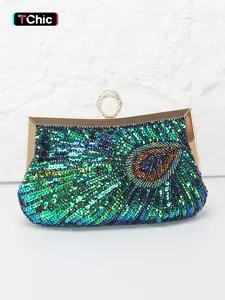 Elegant Peacock Feather Design Evening Bag, Sparkling Sequins Handbag with Detachable Strap, Rhinestone Buckle for Parties & Weddings, Embellished Clutch, Evening Clutch Purse