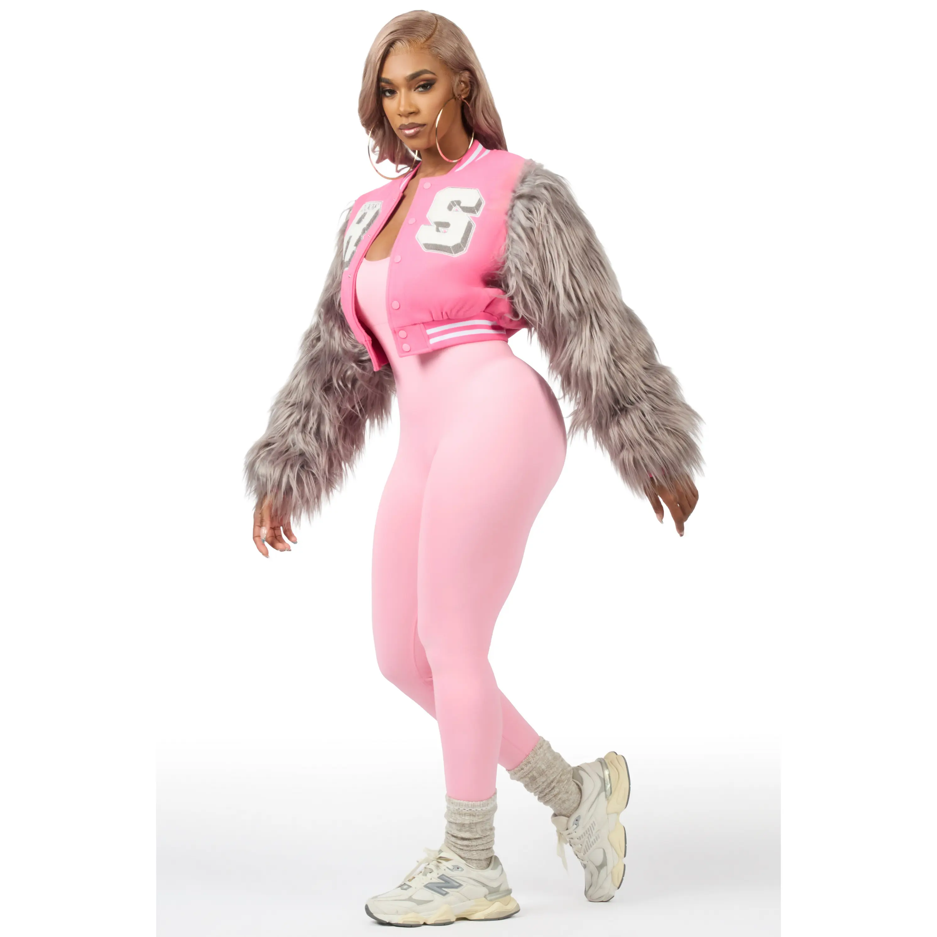 Jameicia Pink/Grey Fur Sleeve Varsity Jacket - TikTok Shop