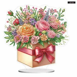 2D Flat Print Flower DIY Diamond Painting Tabletop Ornaments Kit Table Top Diamond Painting Ornament Kits for Home Office Desktop Decor