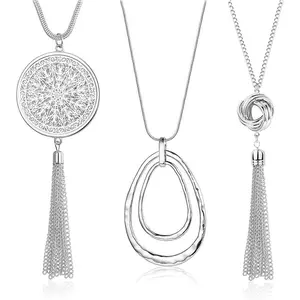 A Set of 3/6 Pcs Long Pendant Necklaces for Women,Knot Disk Circle Tassel Statement Sweater Necklace Set,Halloween Christmas Party Gifts,Hand Tools Kits
