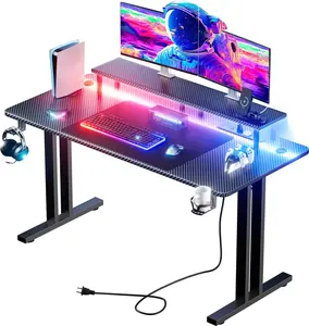 Ecofurnix, Gaming Desk with 5 Sockets & LED Lights, Computer Gamer Desk with Monitor Stand, Ergonomic Carbon Fiber Gaming Table Home Office Desk with Cup Holder, Headphone Hook & Mouse Pad summerwins