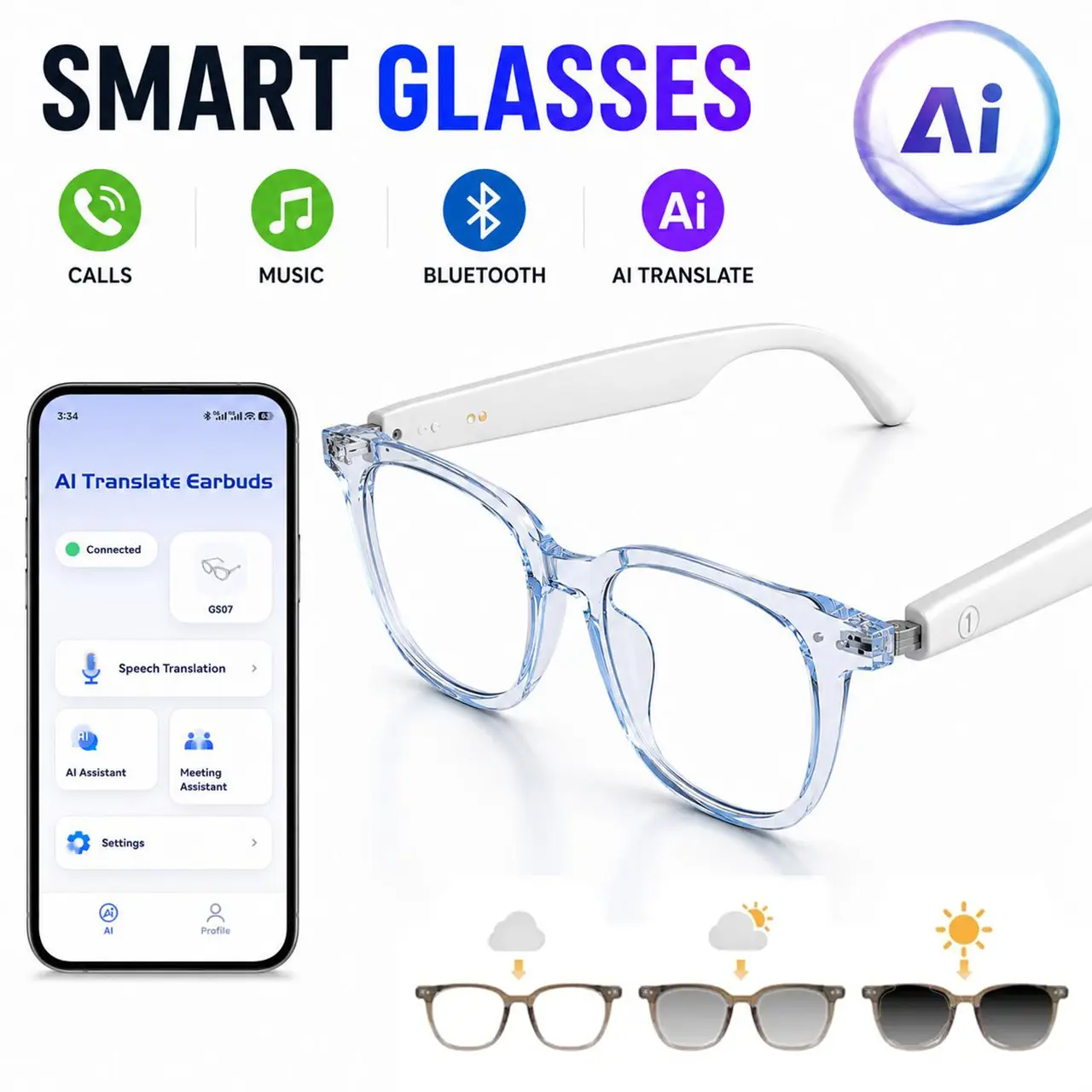 Unisex Adult Ultra-Lightweight Modern AI Wearable AR Smart Glasses - Rectangular Frame, Real-Time Translation, Wireless Audio, Hands-Free Calling, USB Magnetic Charging, Anti-Blue Light UV Eye Care, Long-Lasting Battery, for Fitness Use
