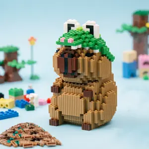 Capybara Building Blocks Mini Micro Bricks Set with Green Crocodile Hat Cute Animal Figure Desktop Decor Creative DIY Assembly Toy Kit Gift for Kids and Adults Crocodile Capybara
