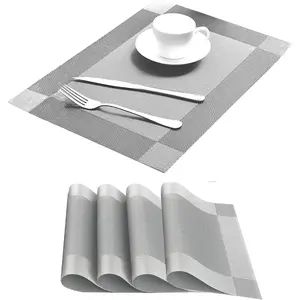 Rectangular Vinyl Placemats Set of 4, 18in x 12in Silver, Heat-Resistant, Insulating, Non-Slip Kitchen & Dining Table Place Mats for Kitchen Dining Room
